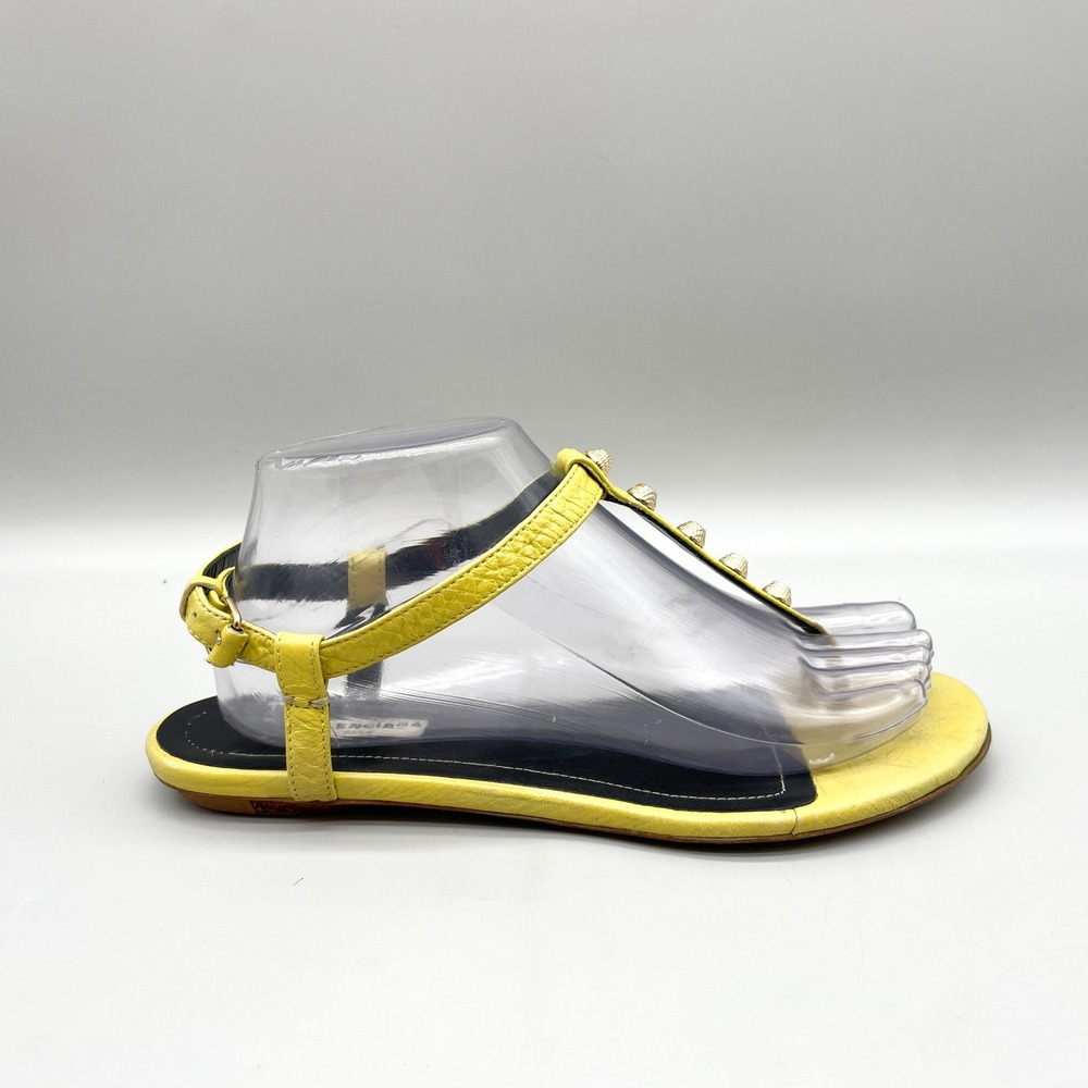 Balenciaga Womens 39 Arena T Strap Studded Flat Sandals Yellow Leather Moto Edgy